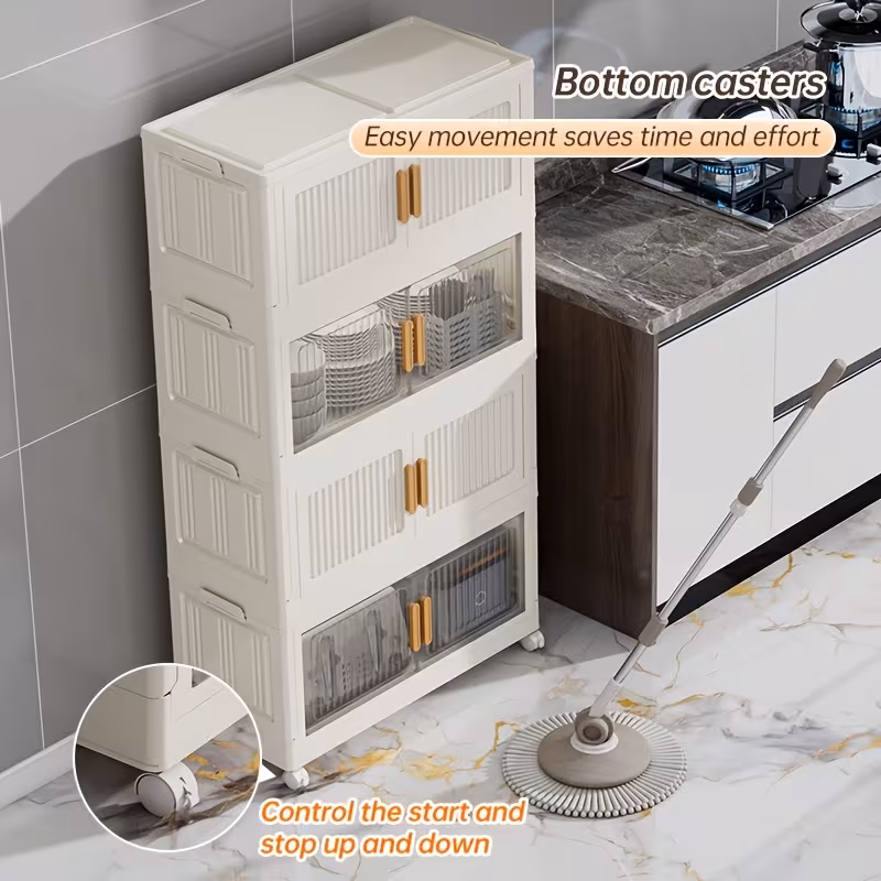Opvouwbare opbergkast met 5 lagen – 110 cm hoog – verrijdbare plastic kast met dubbele deuren en wielen – 45 x 27 cm – ruimtebesparend opbergsysteem – inklapbare multifunctionele kast – ideaal voor speelgoed, boeken en huishoudartikelen - Afbeelding 7