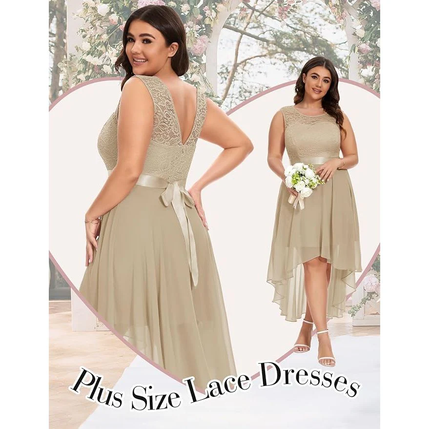 Elegante Mouwloze Hi-Lo Jurk – Kant en Chiffon Cocktailjurk – A-Lijn Galajurk met Ronde Hals – Champagnekleurig - Afbeelding 4