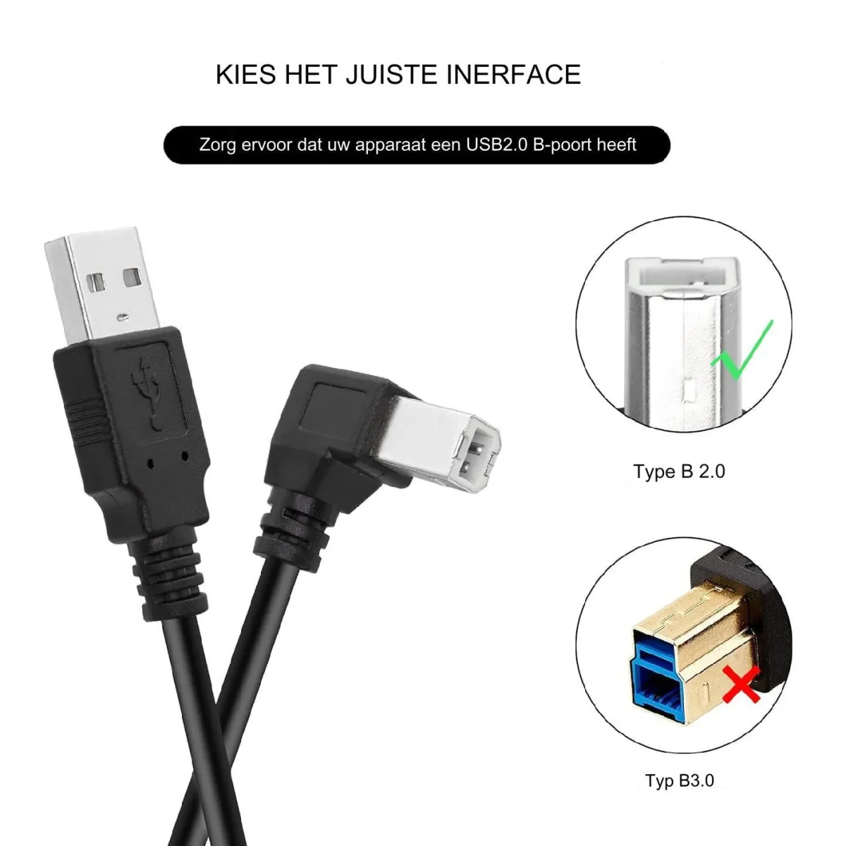 1 Stuk Zwart Gevlochten USB 2.0 A Male naar B Male Printer & Scanner Kabel met Rechte Hoek - 100cm, 90 Graden Aansluiting voor Efficiënte Dataoverdracht - Afbeelding 5