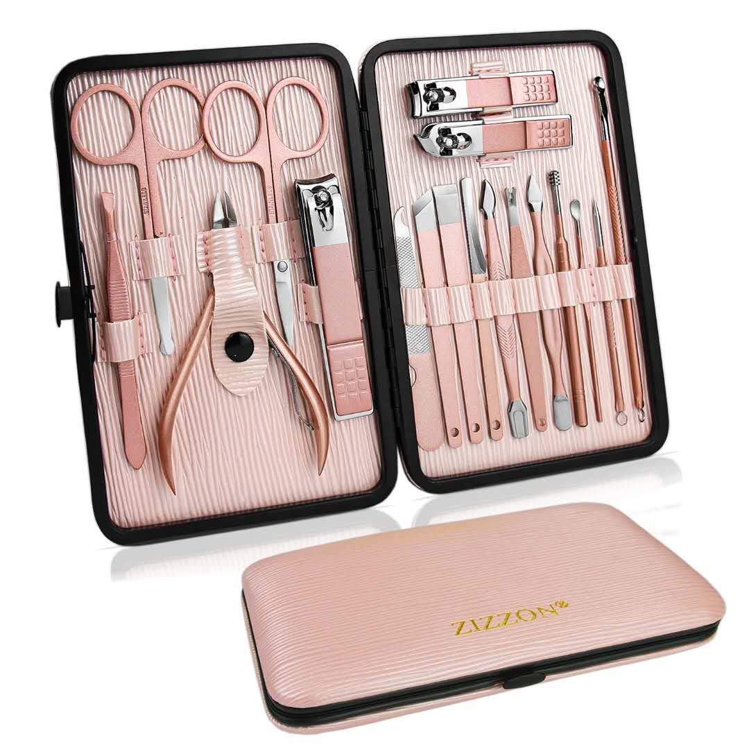 18 in 1 - Luxe Professionele Pedicure Set - Manicure Set - Nagelschaar Verzorgingsset met Lederen Reisetui Roze - Complete Nagelverzorgingskit met Nagelschaar en Etui - Afbeelding 2
