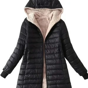 Visconte Dames Fleece Jas – Mid-Length Hooded Winterjas, Slim Fit, Fleece-Gevoerd, Minimalistische Warme Jas voor Winter